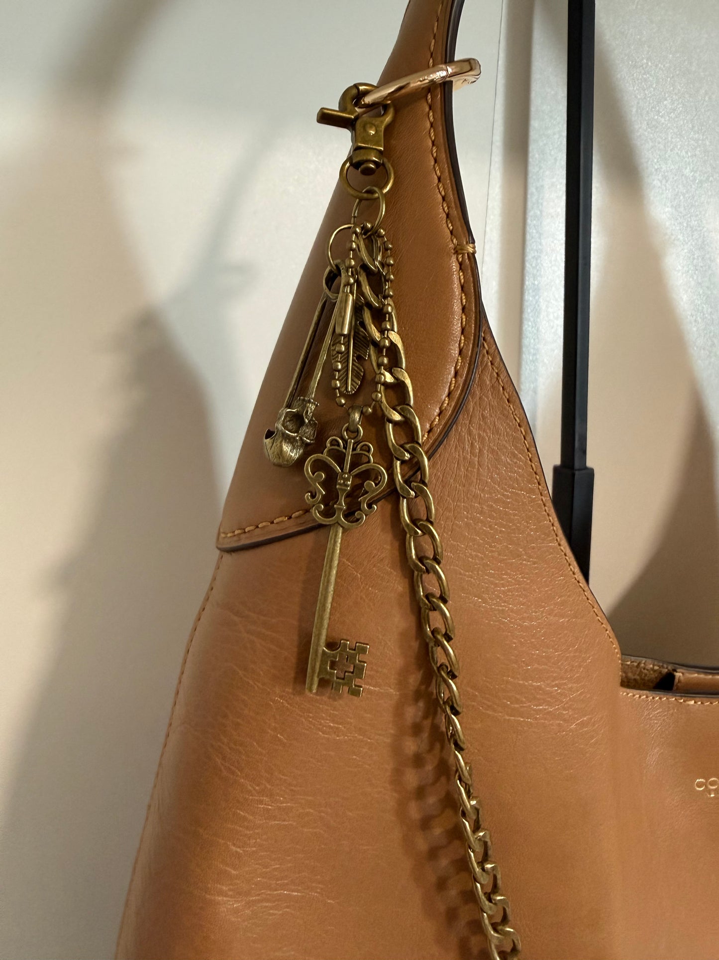 Antique Brass Bag Chain with Leather Tassel & Charm Cluster