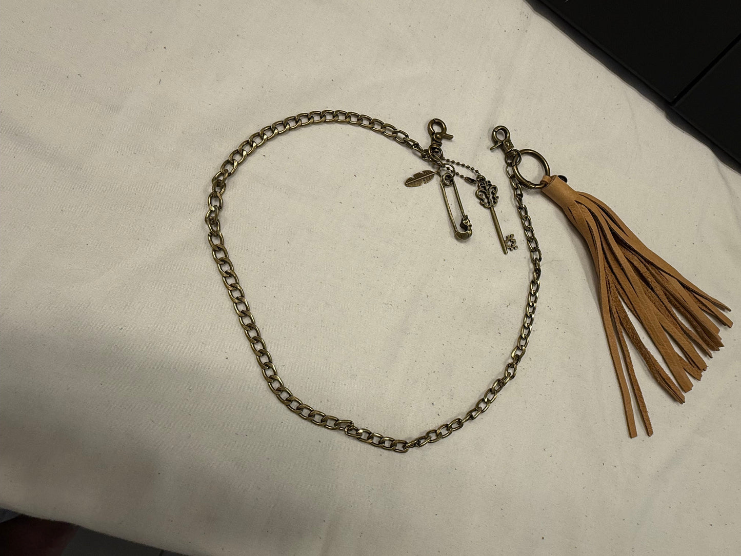Antique Brass Bag Chain with Leather Tassel & Charm Cluster
