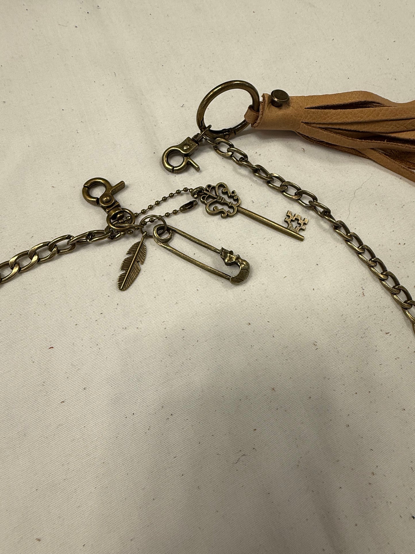 Antique Brass Bag Chain with Leather Tassel & Charm Cluster