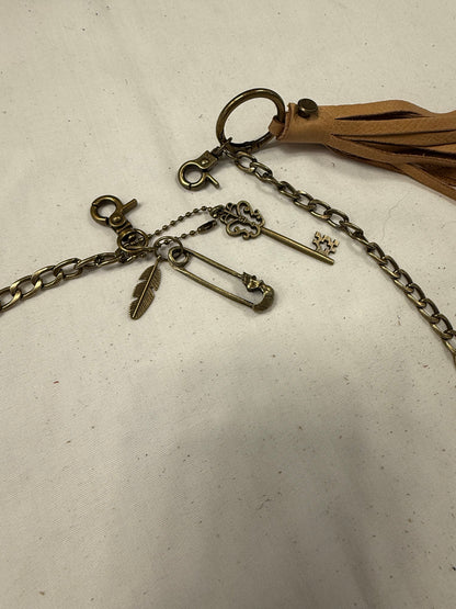 Antique Brass Bag Chain with Leather Tassel & Charm Cluster