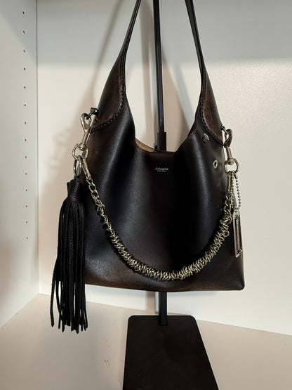 Silver-Tone Bag Chain with Black Leather Tassel & Coach Hangtag