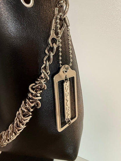 Silver-Tone Bag Chain with Black Leather Tassel & Coach Hangtag