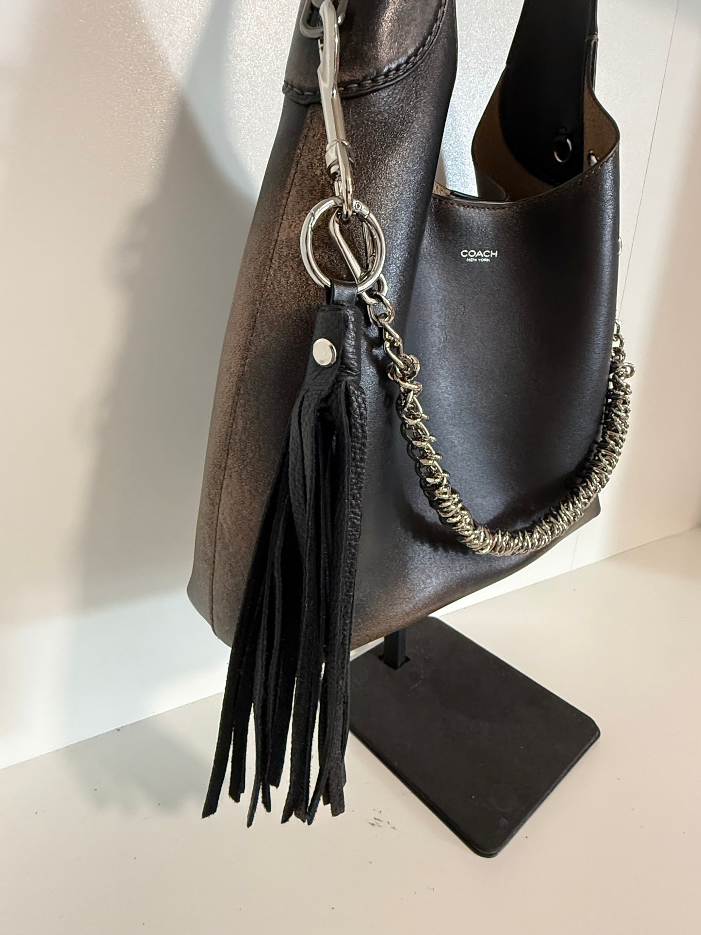 Silver-Tone Bag Chain with Black Leather Tassel & Coach Hangtag