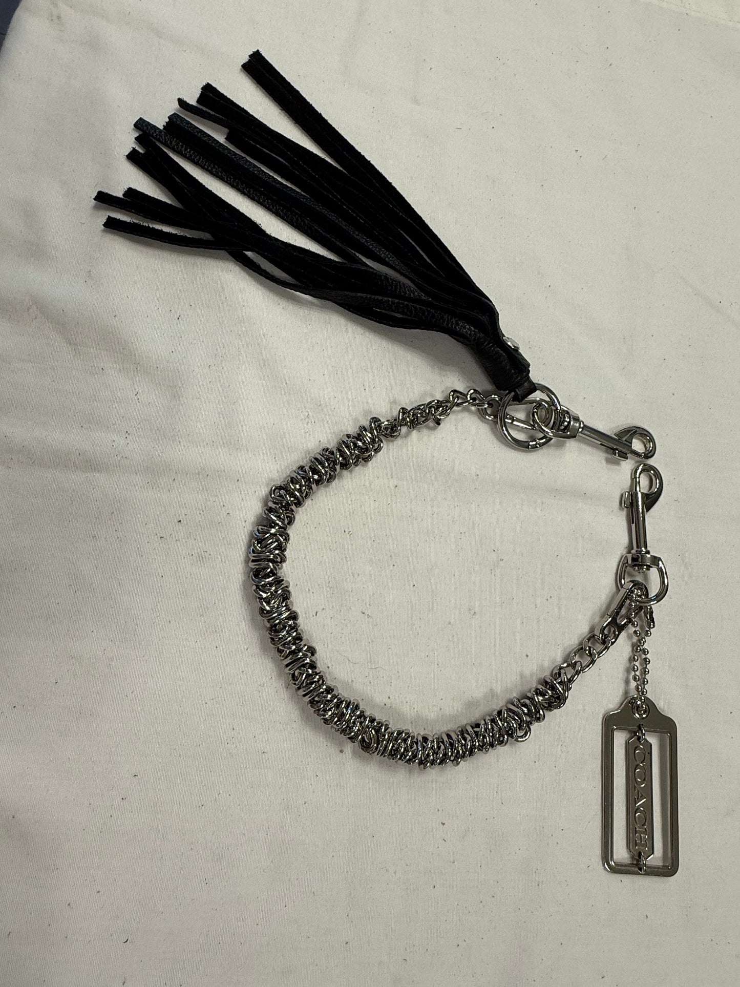 Silver-Tone Bag Chain with Black Leather Tassel & Coach Hangtag