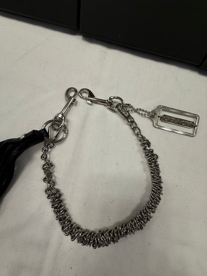 Silver-Tone Bag Chain with Black Leather Tassel & Coach Hangtag