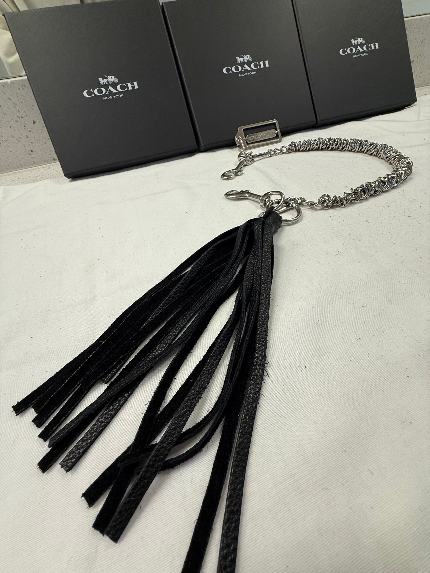 Silver-Tone Bag Chain with Black Leather Tassel & Coach Hangtag