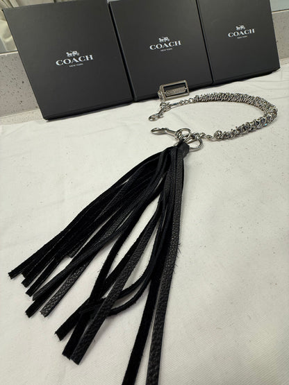 Silver-Tone Bag Chain with Black Leather Tassel & Coach Hangtag