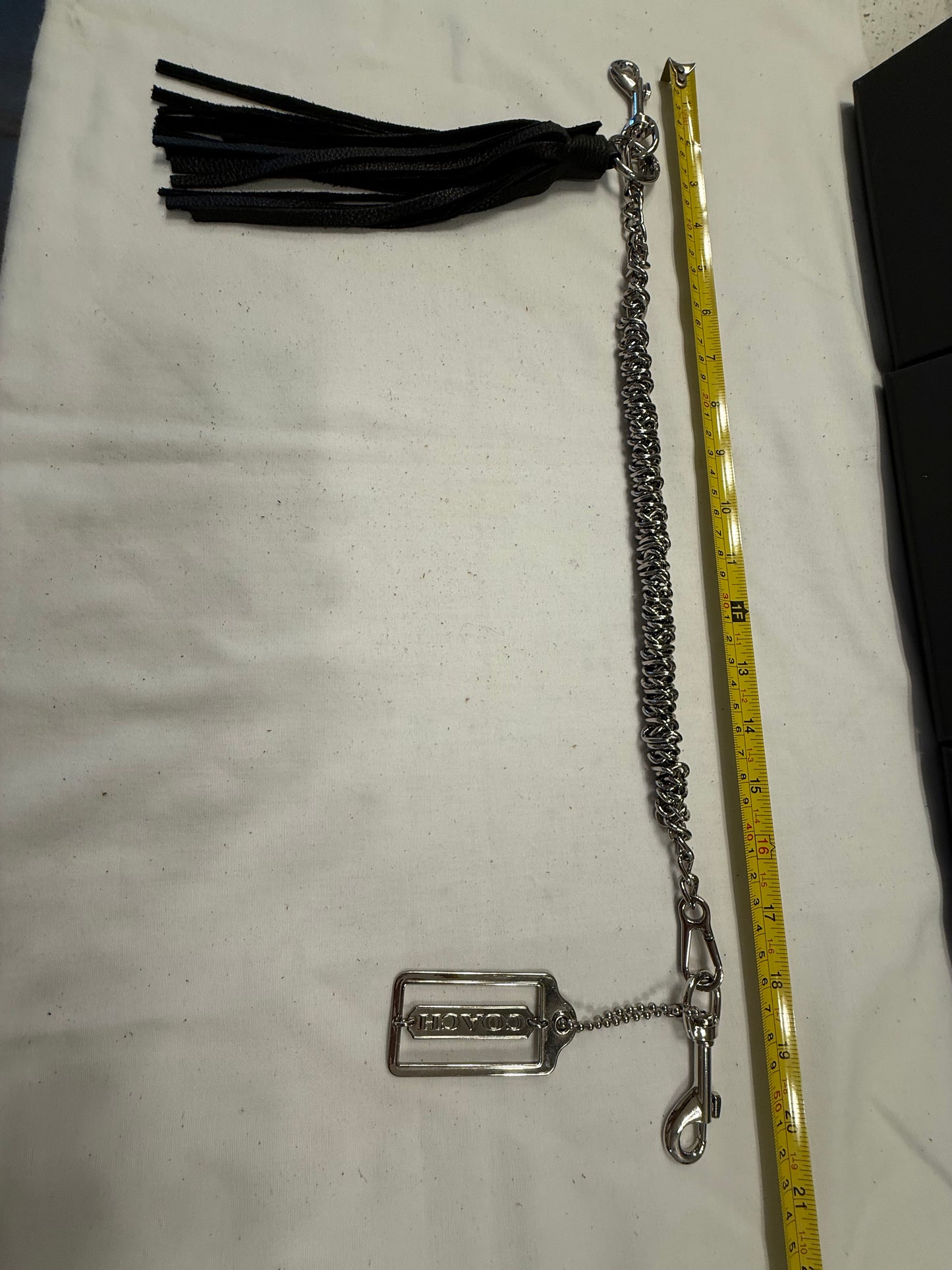 Silver-Tone Bag Chain with Black Leather Tassel & Coach Hangtag