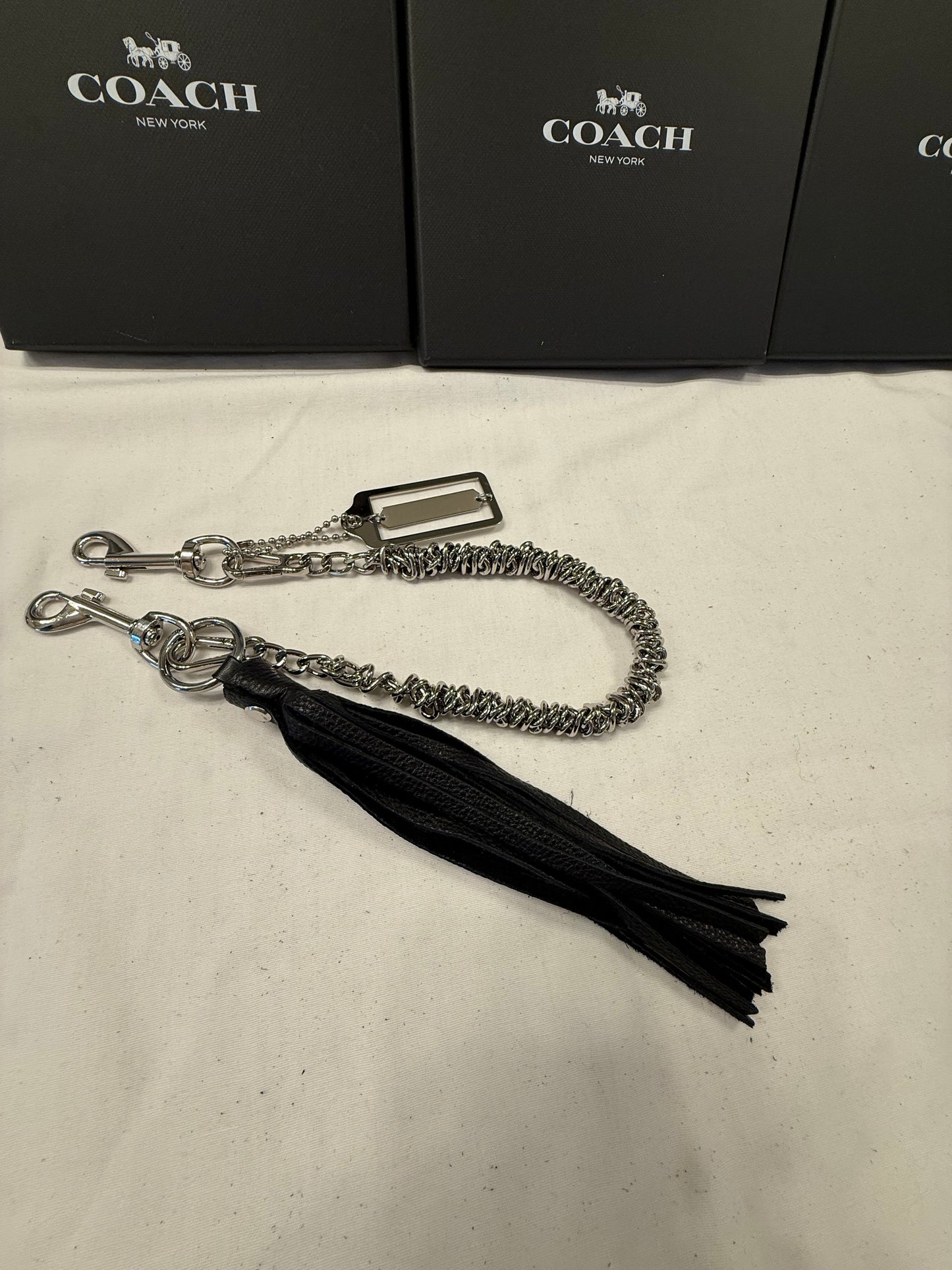 Silver-Tone Bag Chain with Black Leather Tassel & Coach Hangtag