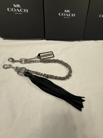 Silver-Tone Bag Chain with Black Leather Tassel & Coach Hangtag