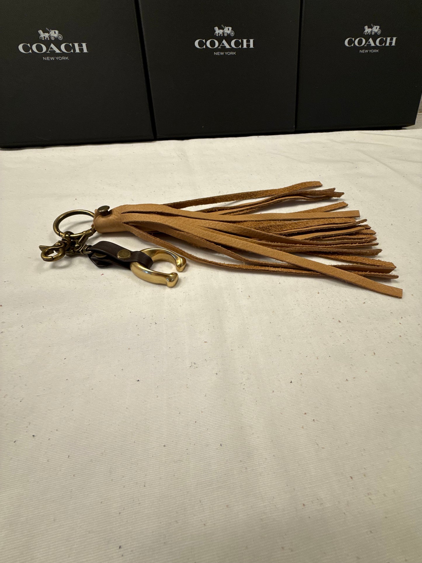 Tan Leather Tassel & Repurposed Coach “C” Bag Charm Cluster