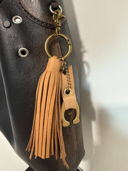 Tan Leather Tassel & Repurposed Coach “C” Bag Charm Cluster