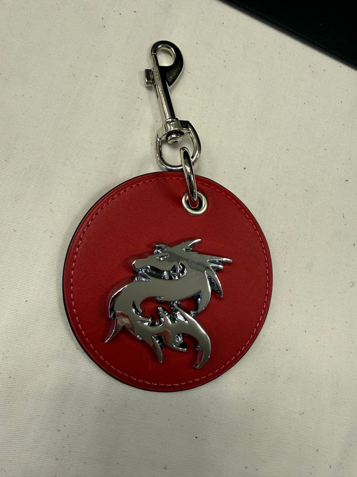 Repurposed Red Coach Coaster Bag Charm with Dragon