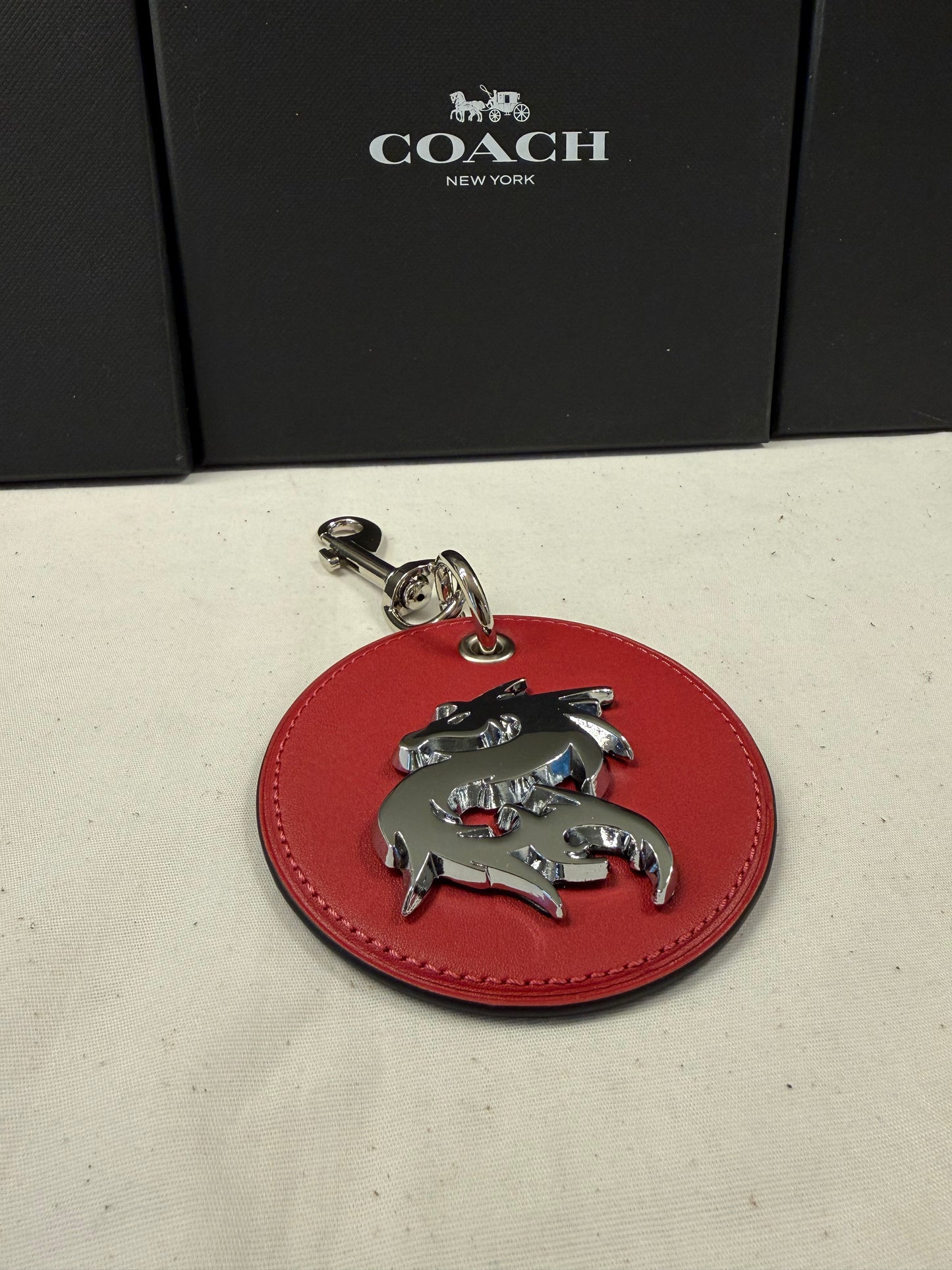 Repurposed Red Coach Coaster Bag Charm with Dragon