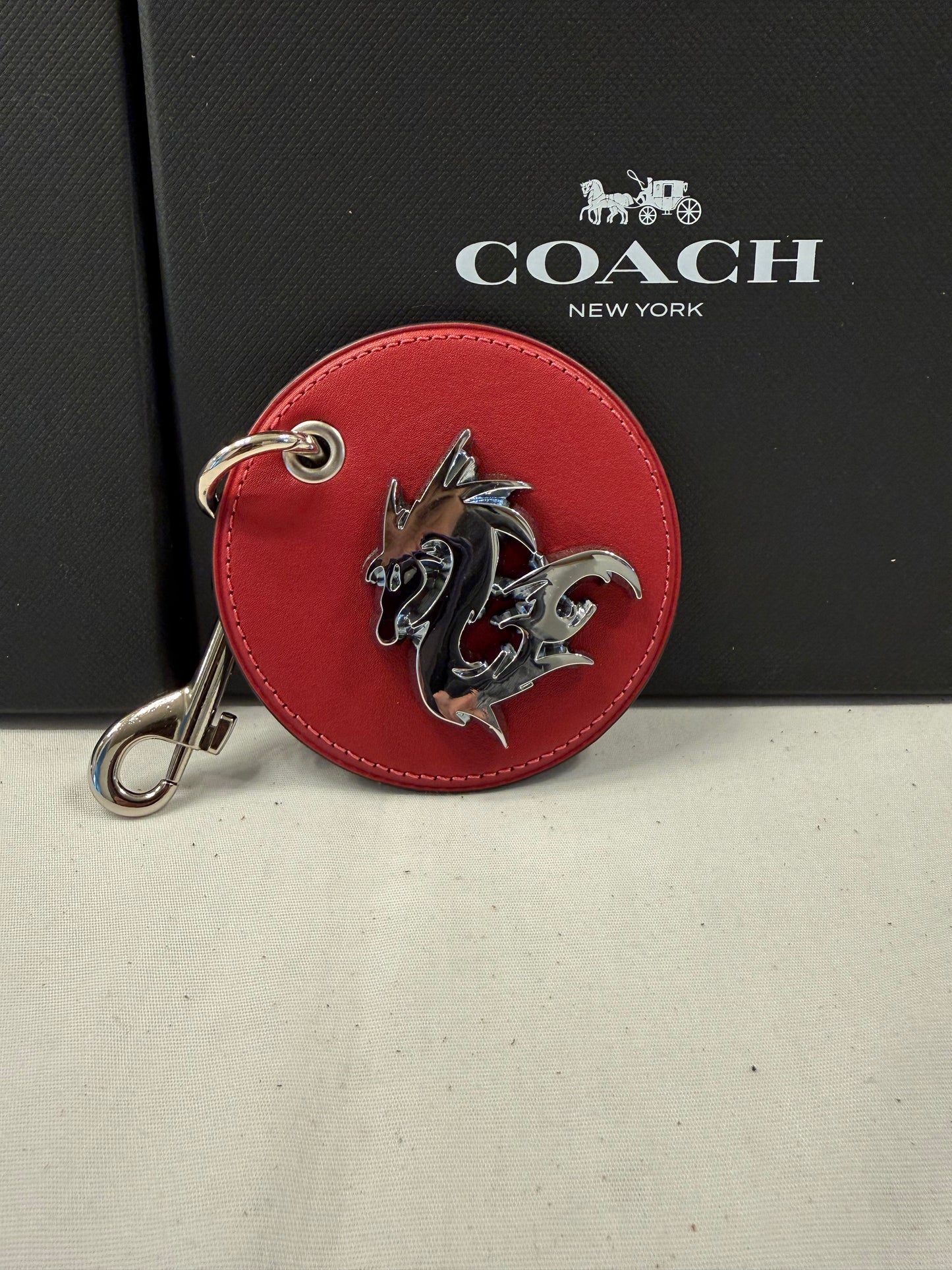Repurposed Red Coach Coaster Bag Charm with Dragon