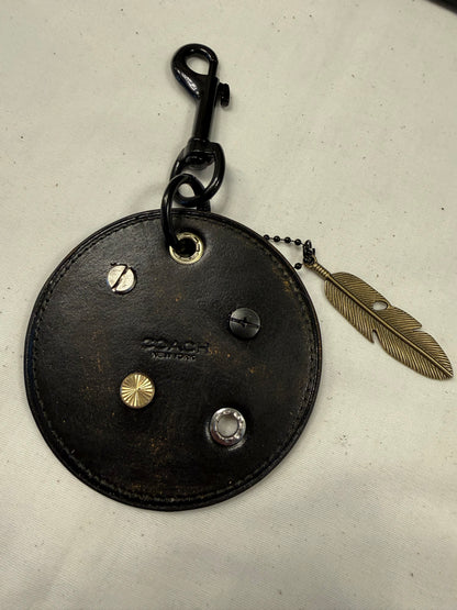 Repurposed Coach Coaster Bag Charm with Rivets and Feather