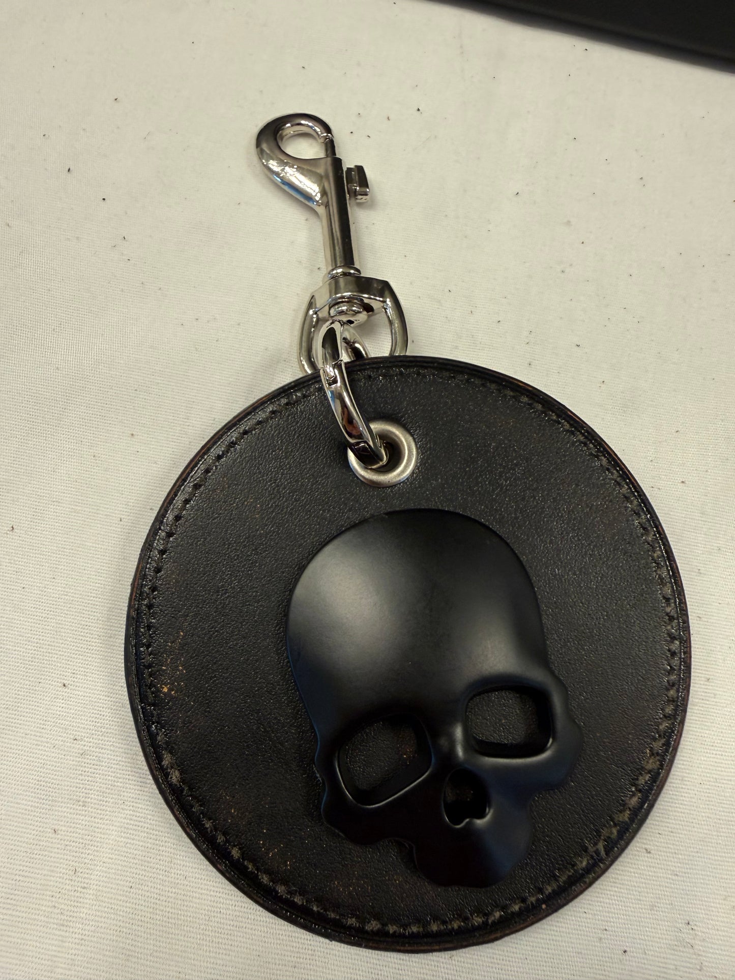 Repurposed Coach Coaster Bag Charm with Black Skull