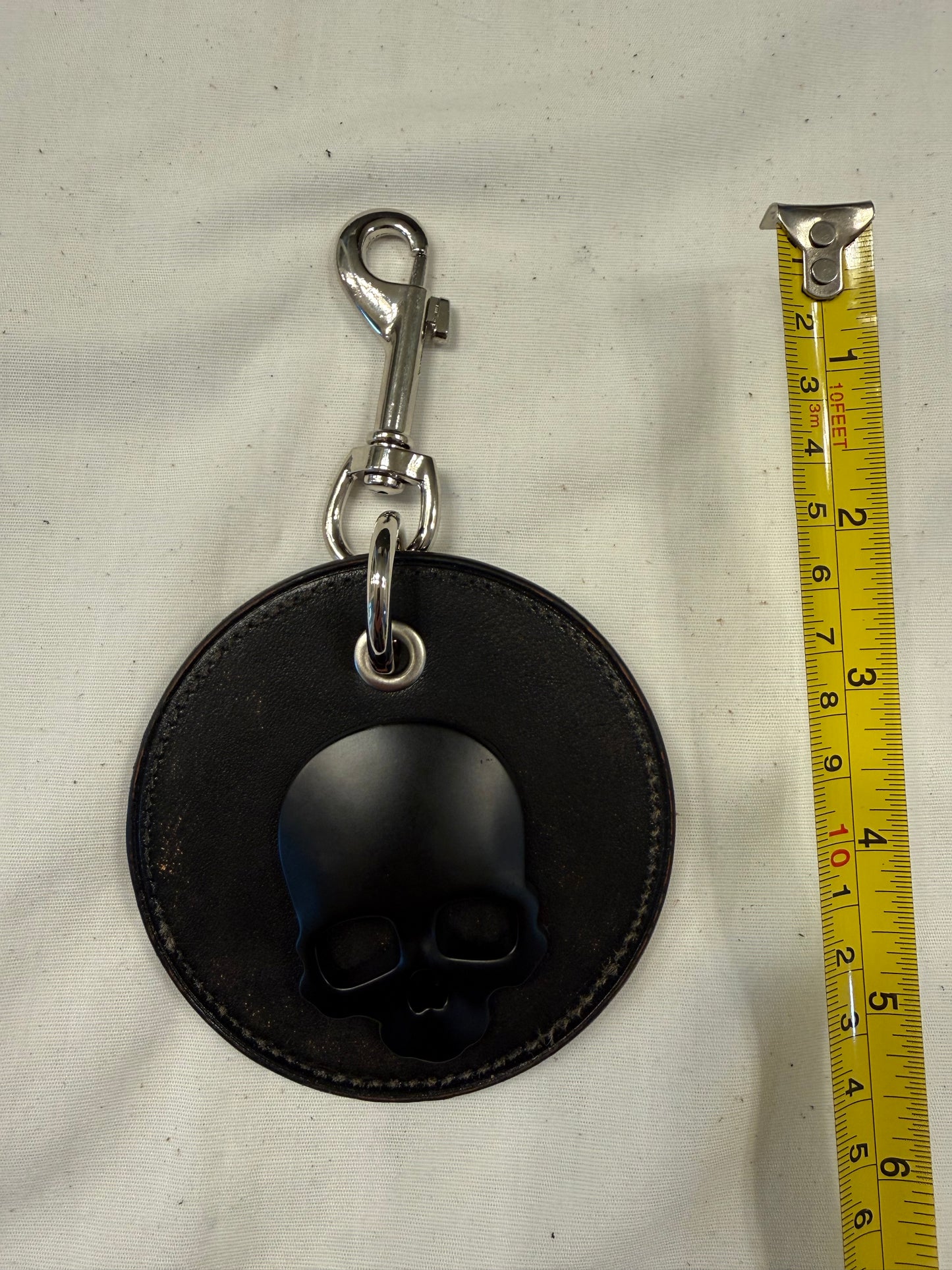 Repurposed Coach Coaster Bag Charm with Black Skull