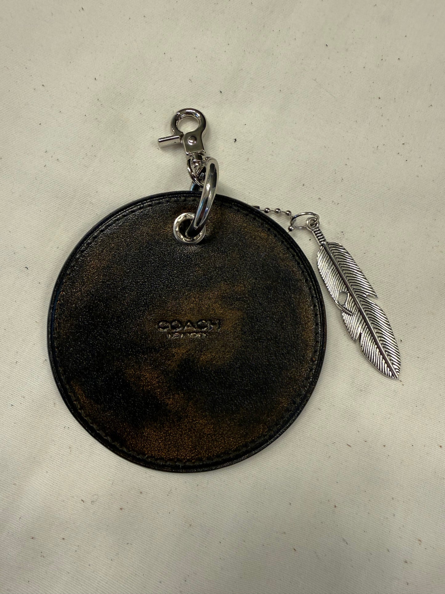 Repurposed Coach Coaster Bag Charm with Feather