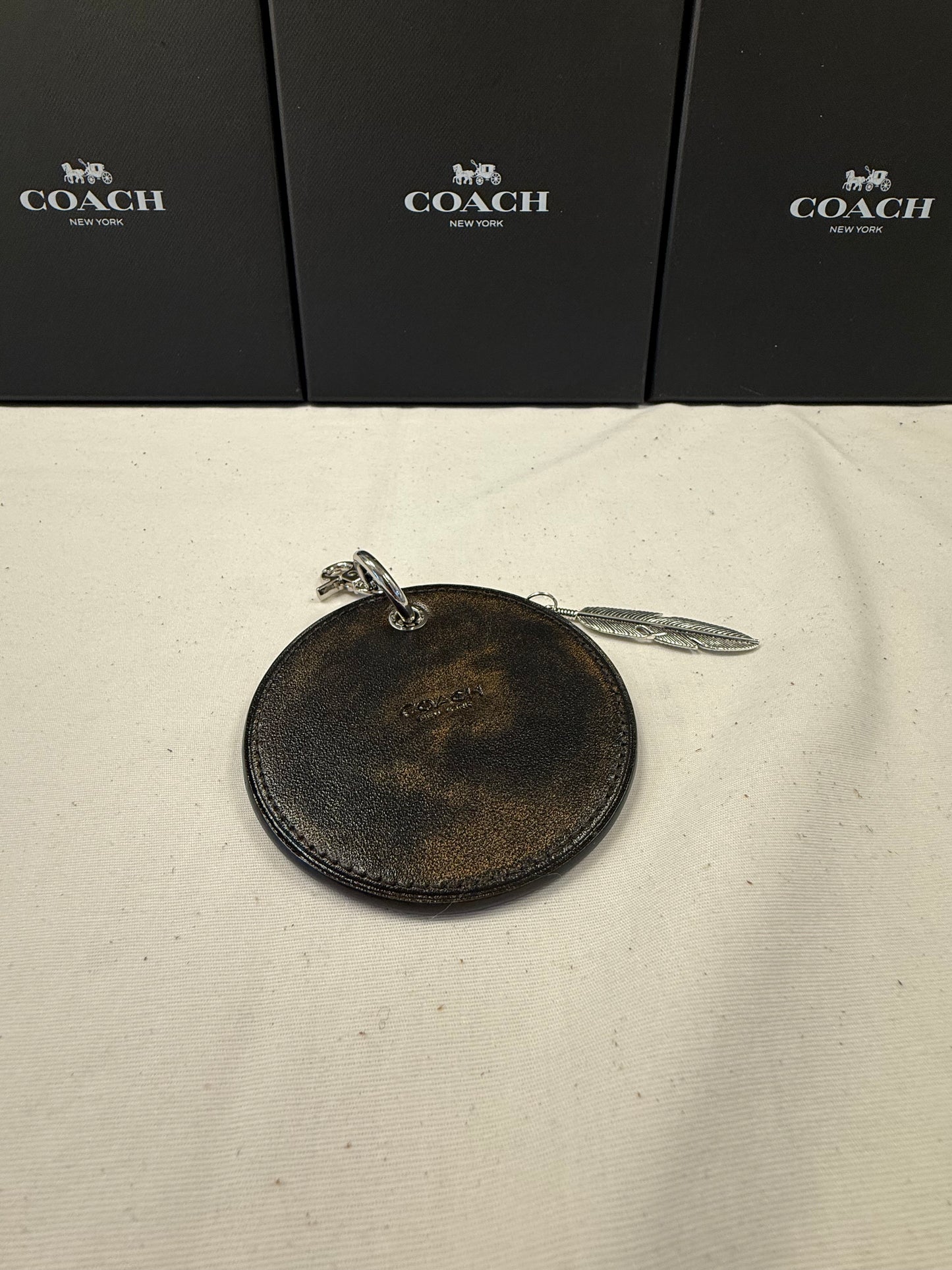Repurposed Coach Coaster Bag Charm with Feather