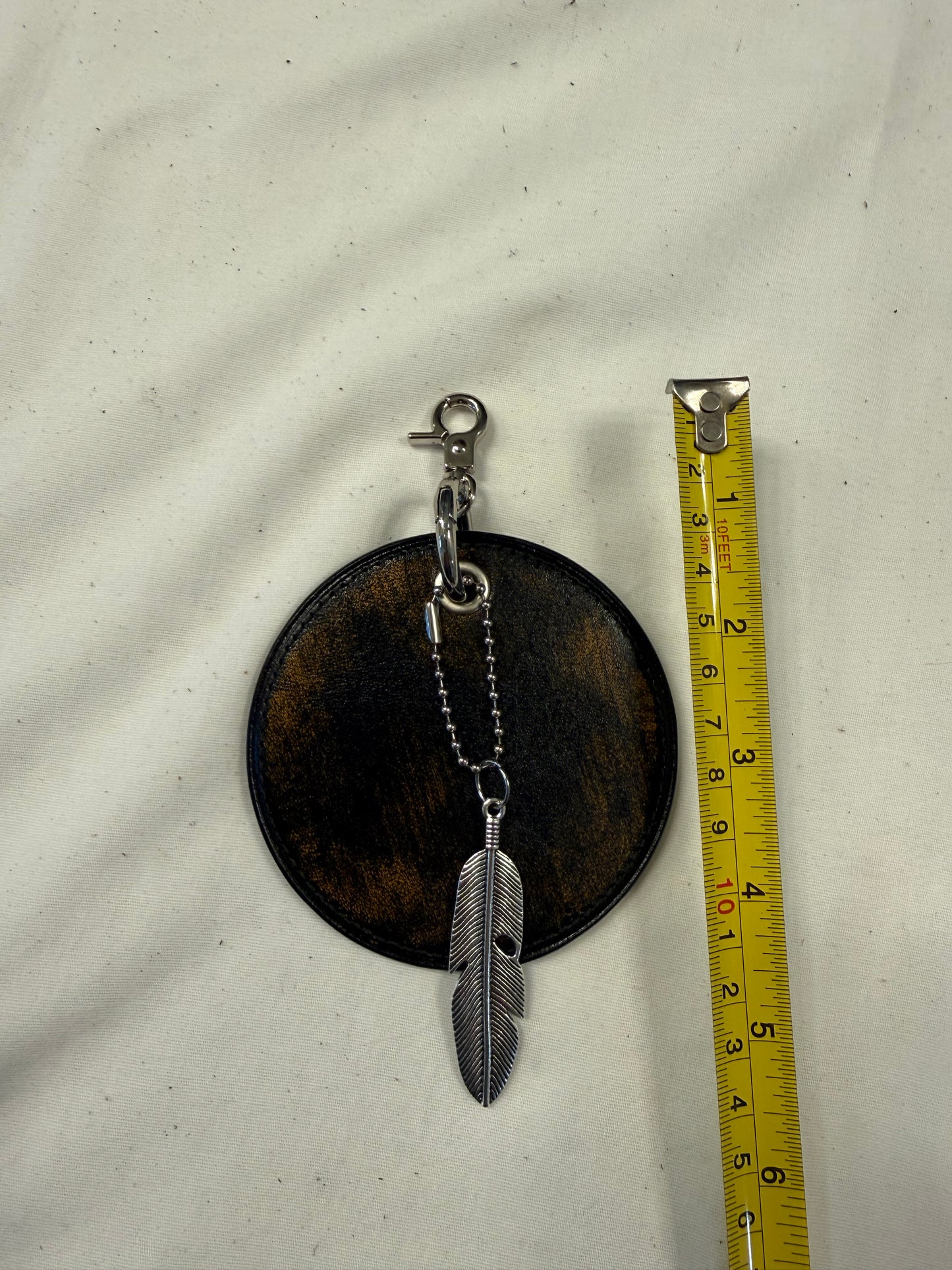 Repurposed Coach Coaster Bag Charm with Feather