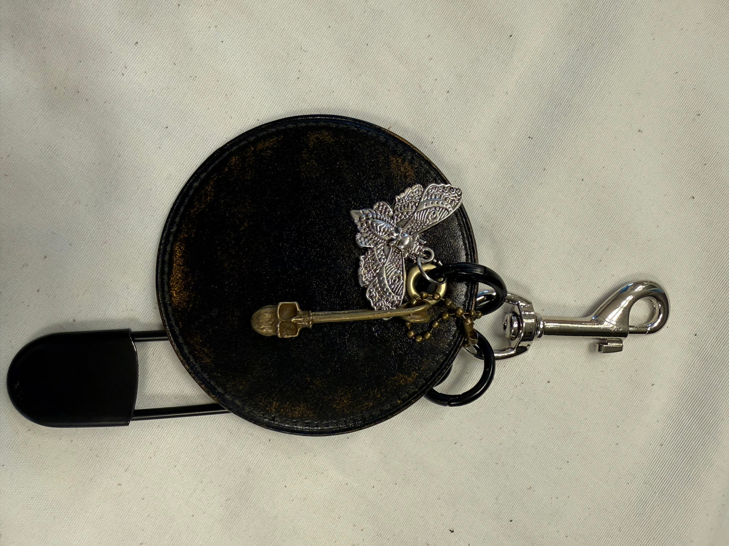 Repurposed Coach Coaster Bag Charm with Skull Moth Charms