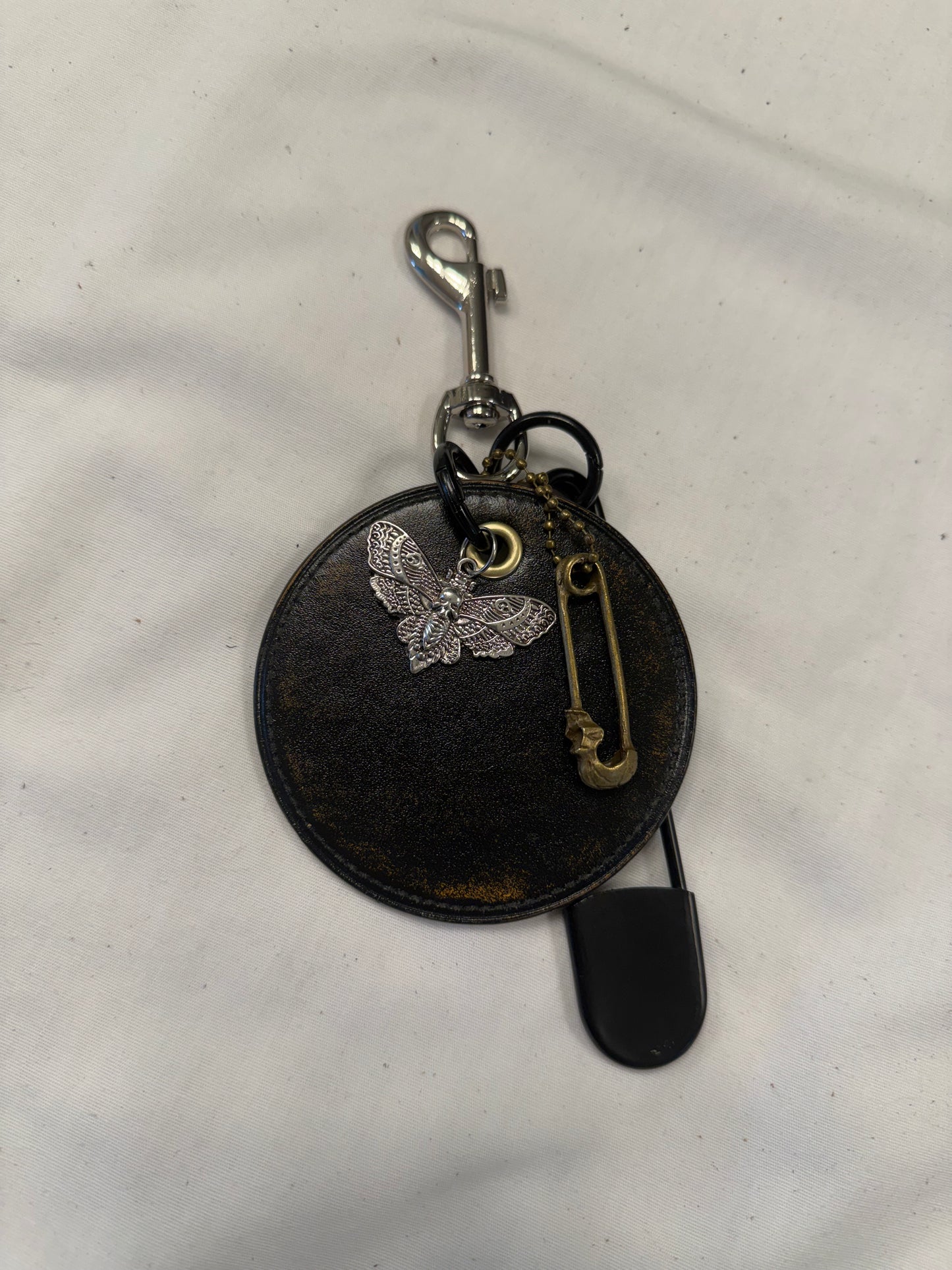 Repurposed Coach Coaster Bag Charm with Skull Moth Charms
