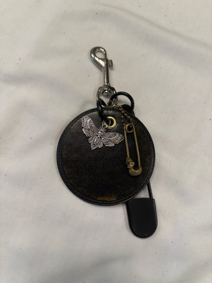 Repurposed Coach Coaster Bag Charm with Skull Moth Charms