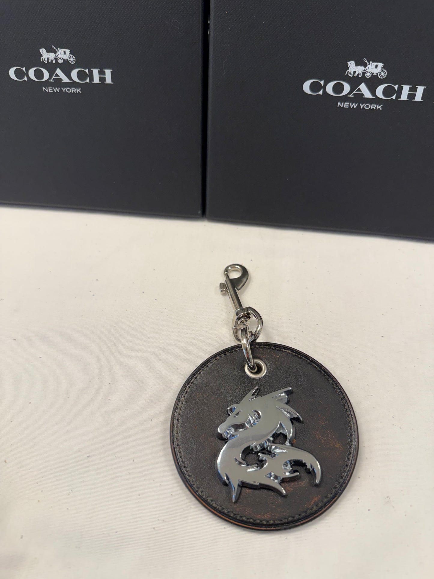 Repurposed Coach Coaster Bag Charm with Dragon Emblem