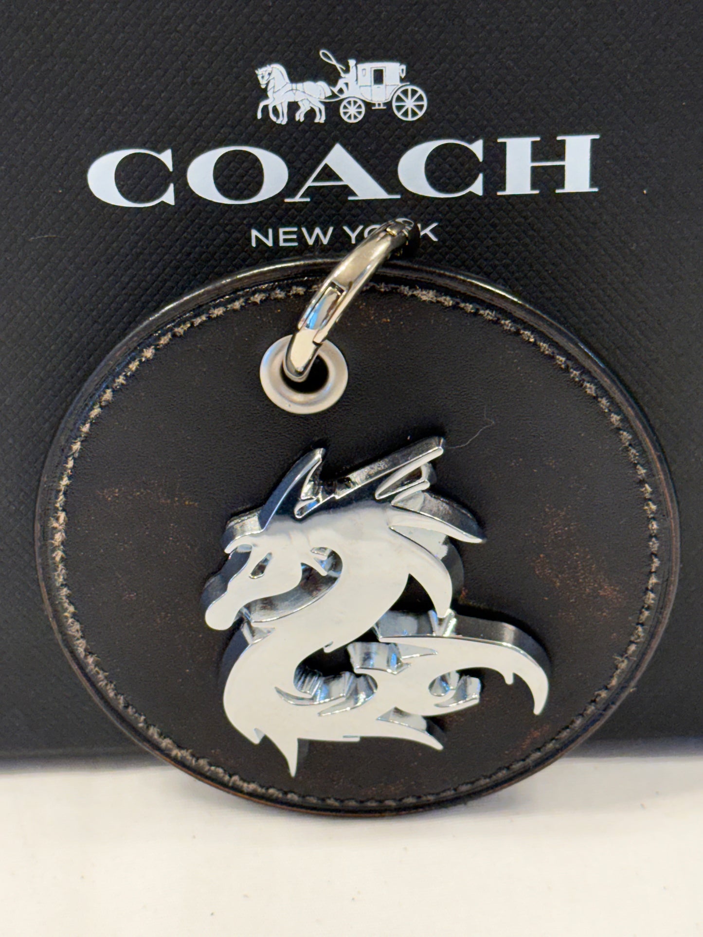Repurposed Coach Coaster Bag Charm with Dragon Emblem