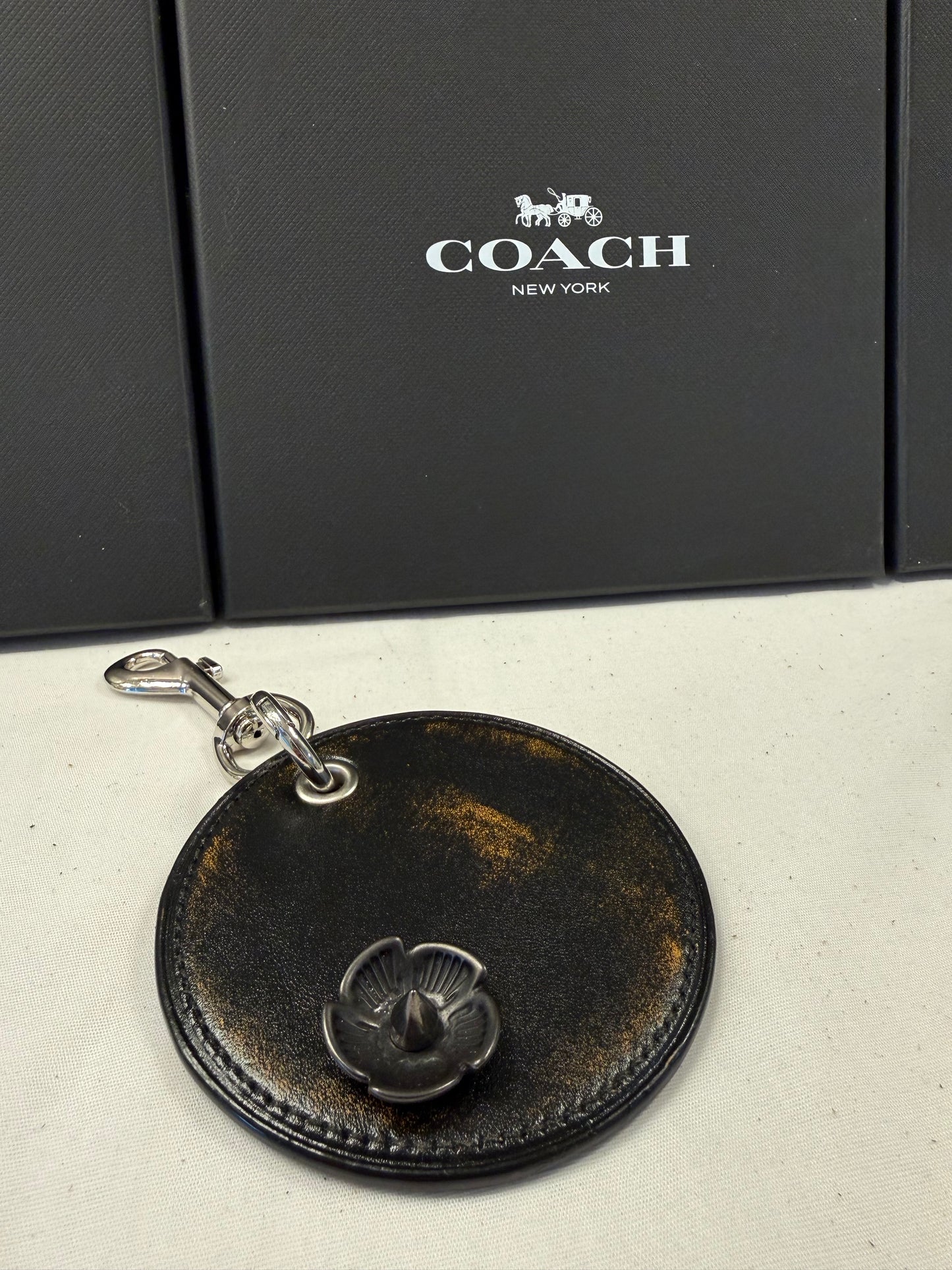 Repurposed Coach Coaster Bag Charm with Tea Rose