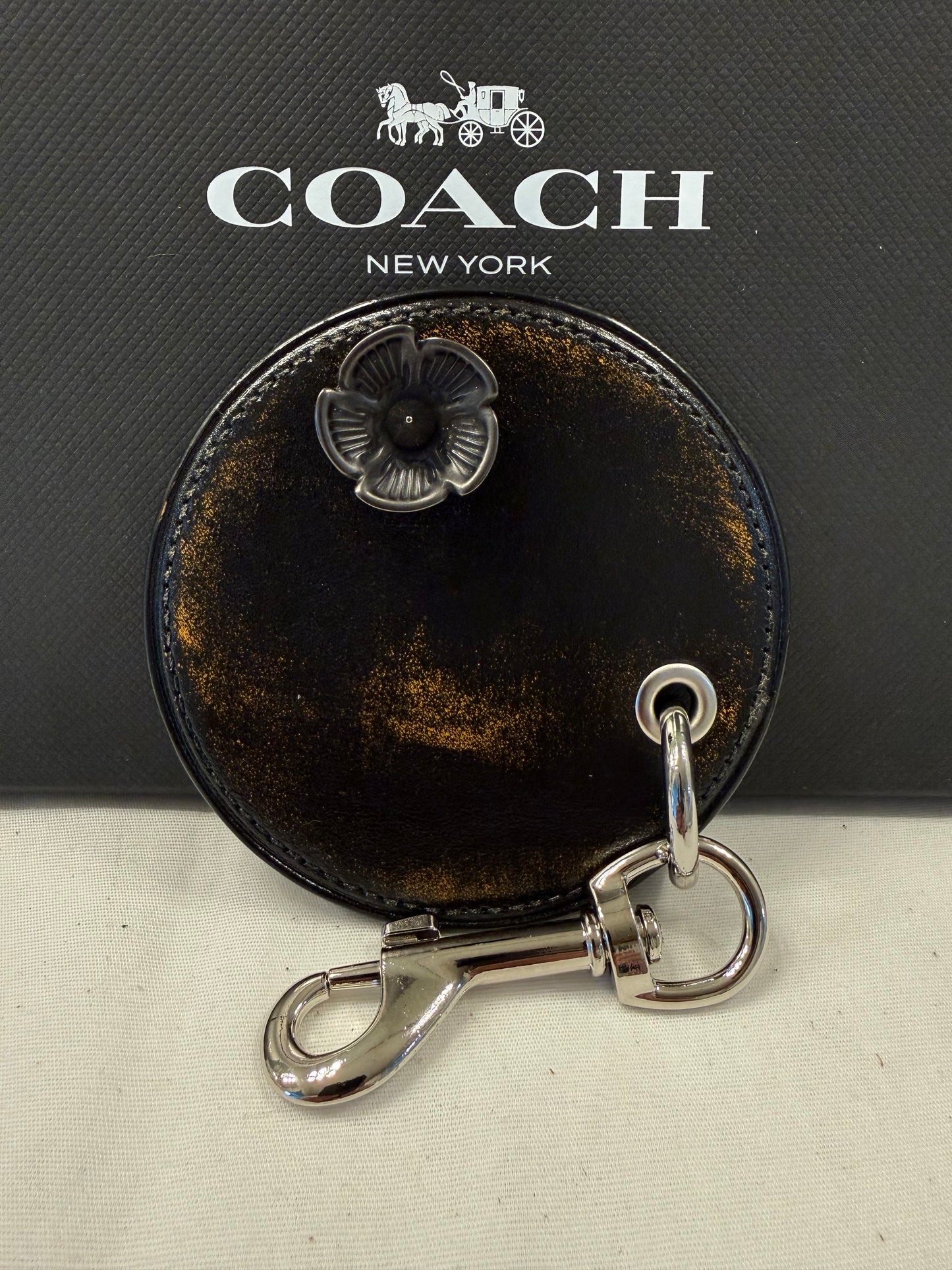 Repurposed Coach Coaster Bag Charm with Tea Rose