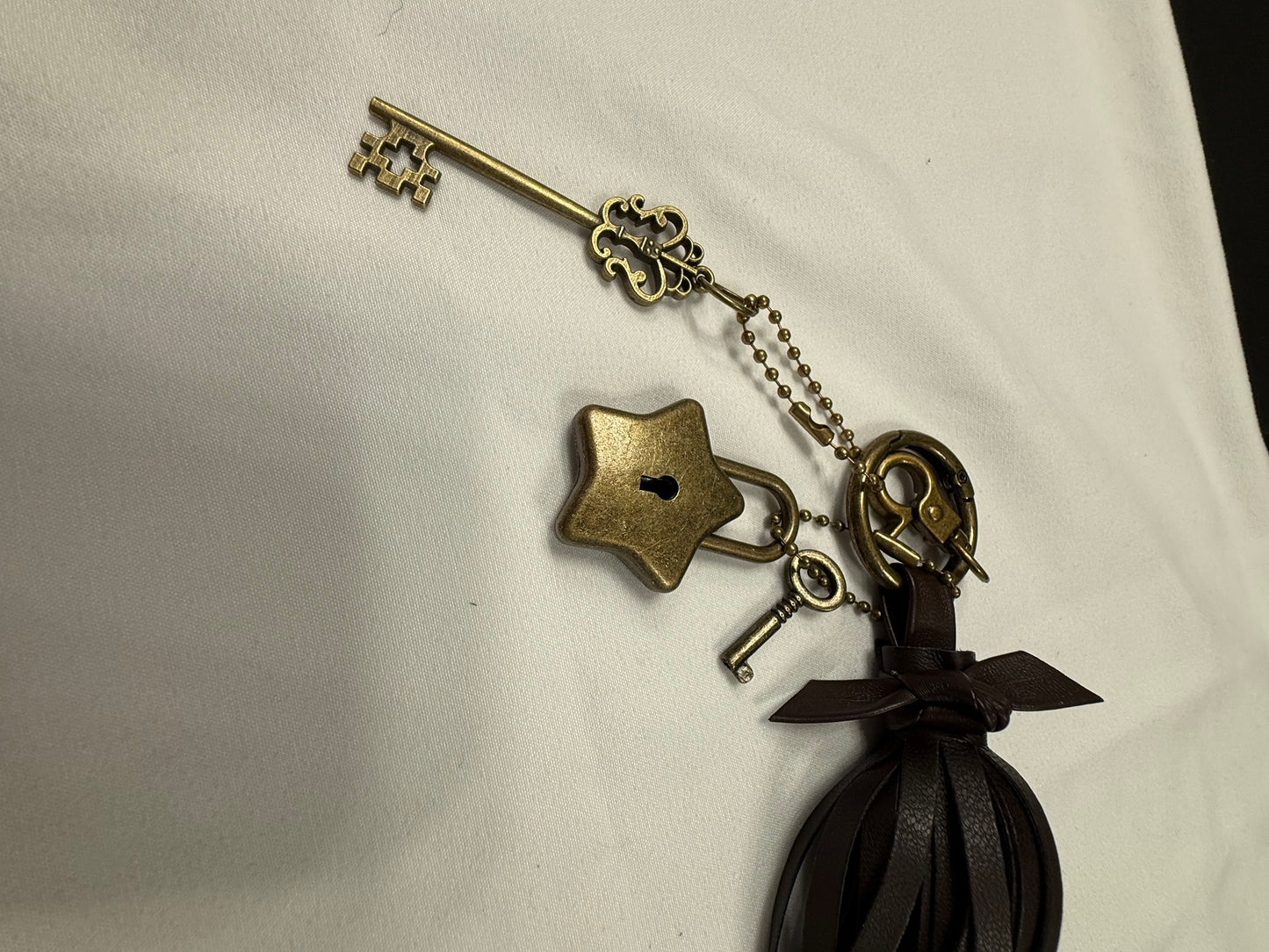 Handmade Vegan Dark Maple Leather Handmade Tassel with Star Lock and Key (works) and Large Key Charm