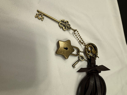 Handmade Vegan Dark Maple Leather Handmade Tassel with Star Lock and Key (works) and Large Key Charm