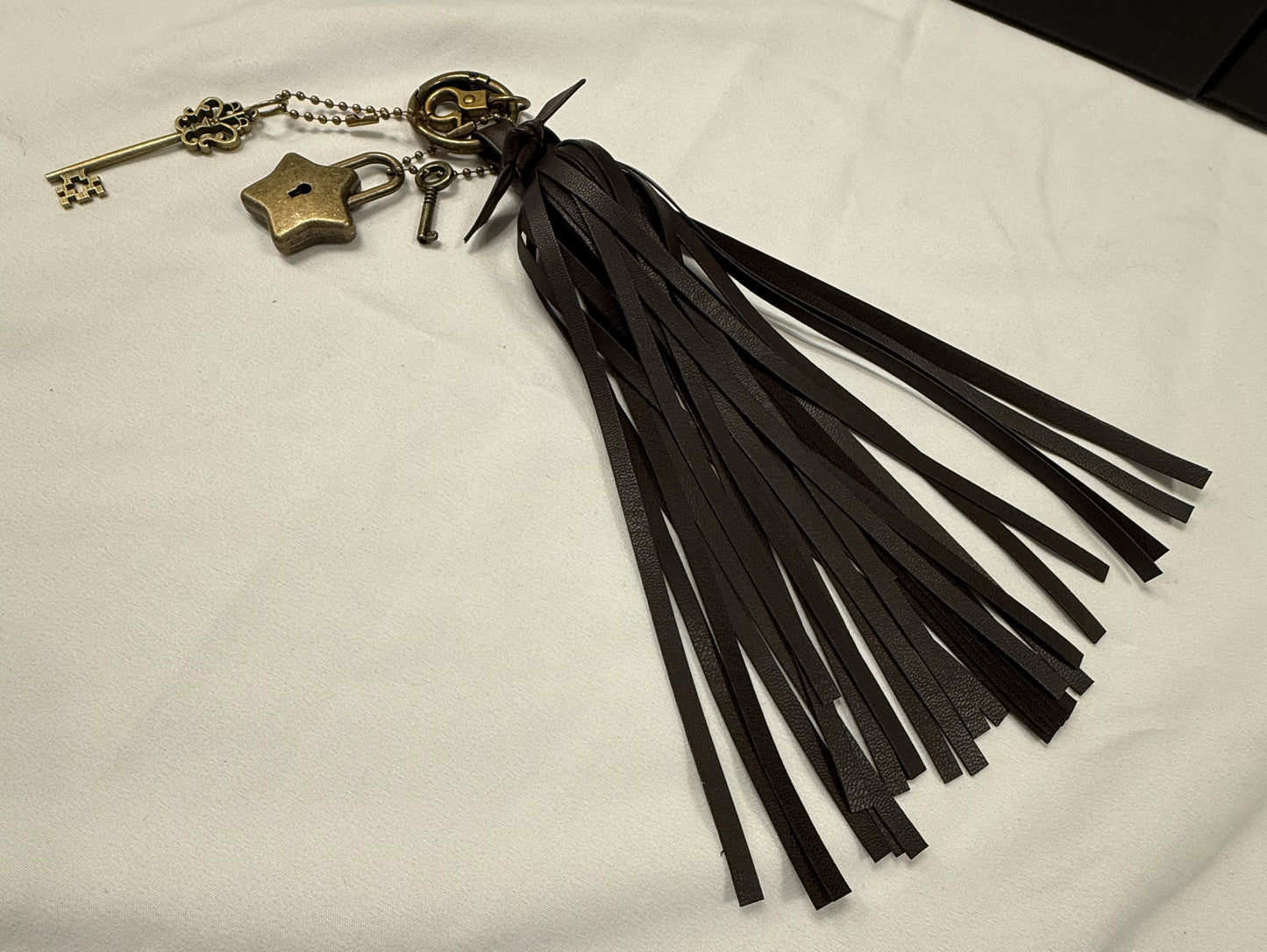 Handmade Vegan Dark Maple Leather Handmade Tassel with Star Lock and Key (works) and Large Key Charm