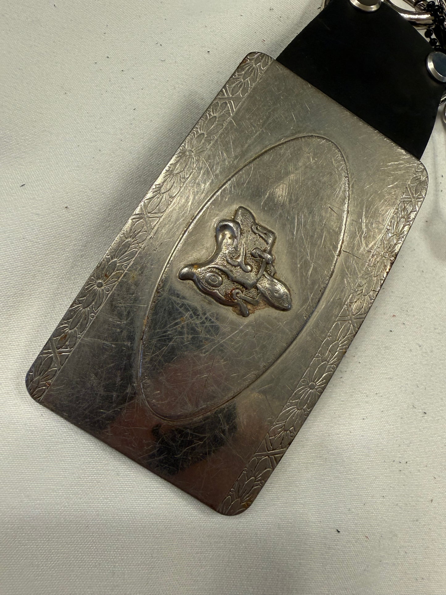 Repurposed Silver Buckle with Saddle Bag Charm Cluster with Feather and Chain