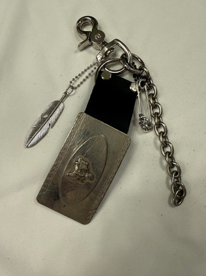 Repurposed Silver Buckle with Saddle Bag Charm Cluster with Feather and Chain