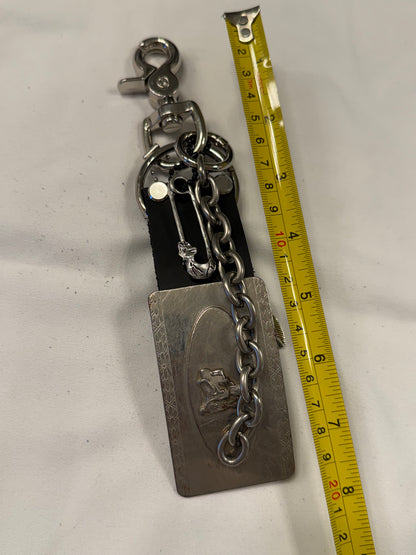 Repurposed Silver Buckle with Saddle Bag Charm Cluster with Feather and Chain