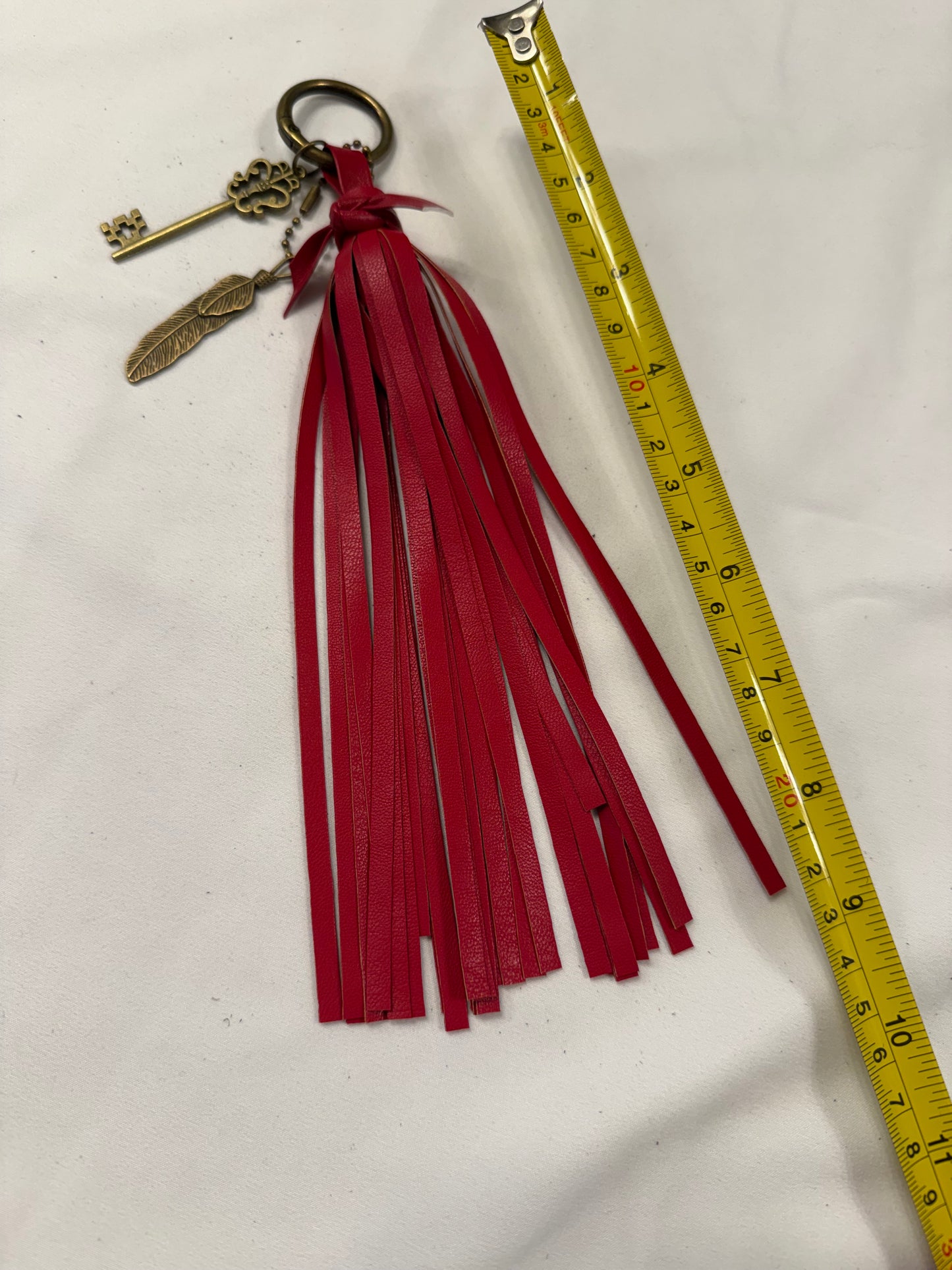 Handmade Red Vegan Leather Tassel Bag Charm with Key & Feather