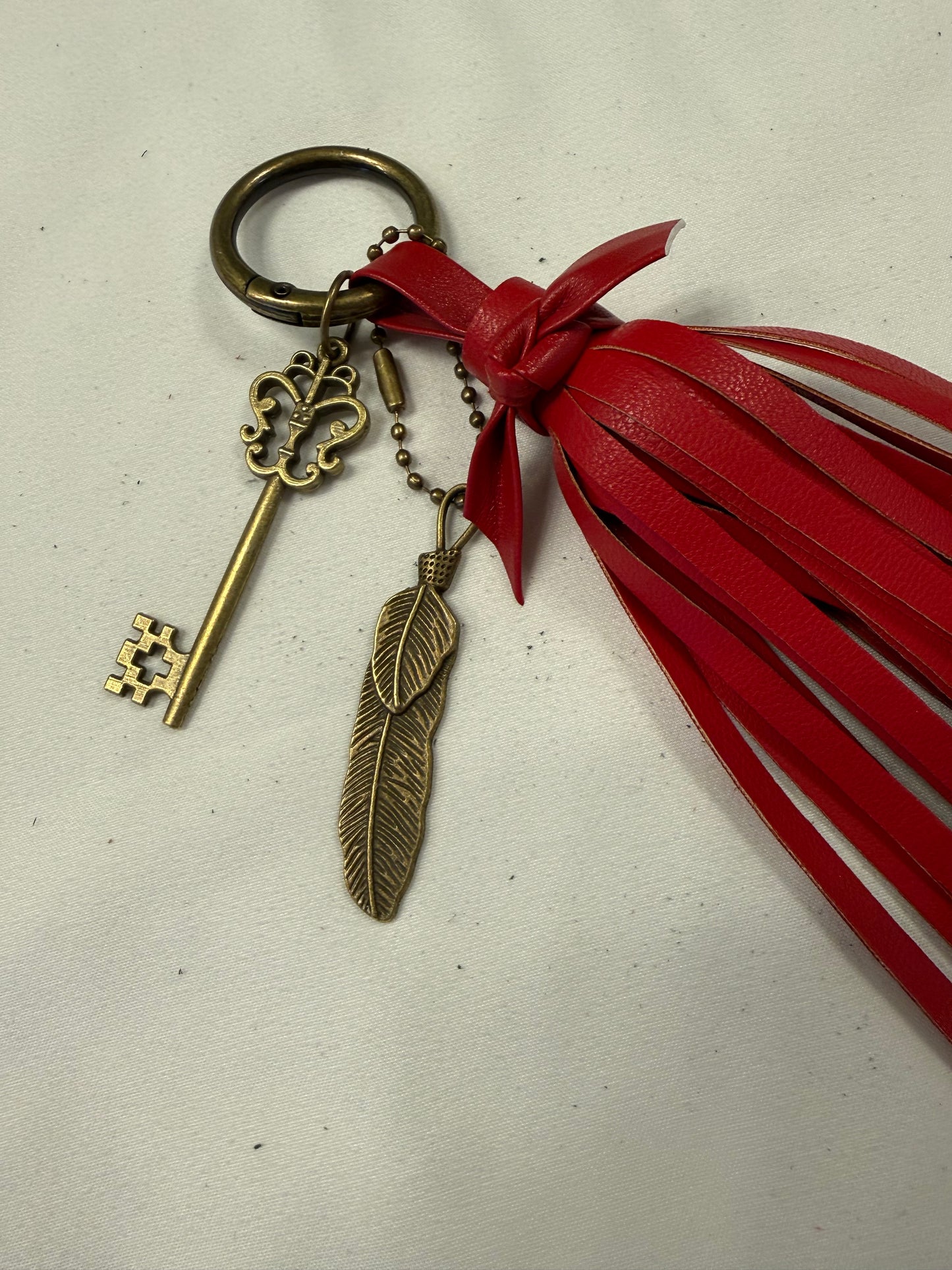 Handmade Red Vegan Leather Tassel Bag Charm with Key & Feather