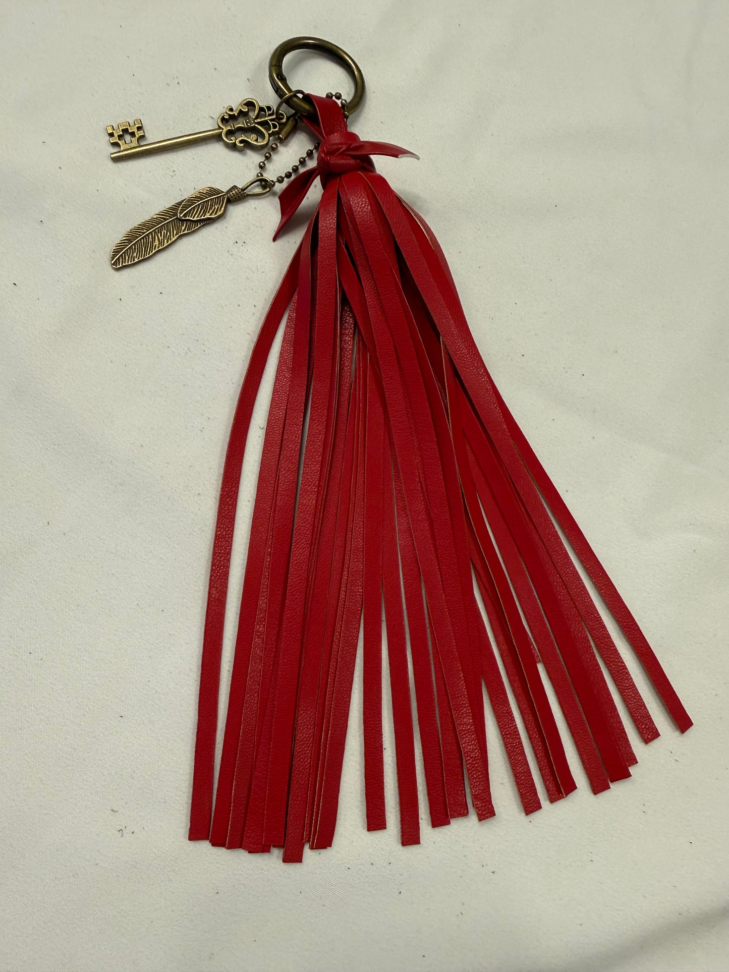 Handmade Red Vegan Leather Tassel Bag Charm with Key & Feather