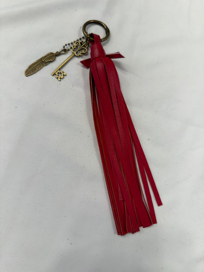 Handmade Red Vegan Leather Tassel Bag Charm with Key & Feather