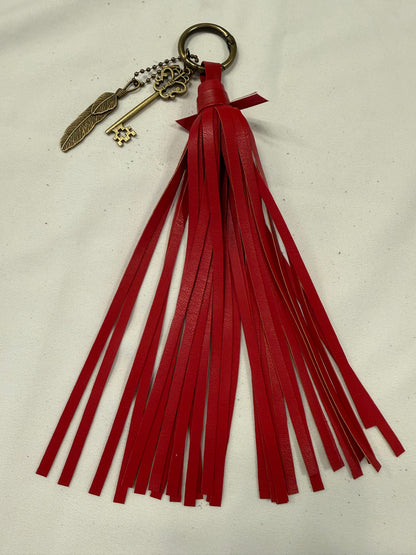 Handmade Red Vegan Leather Tassel Bag Charm with Key & Feather