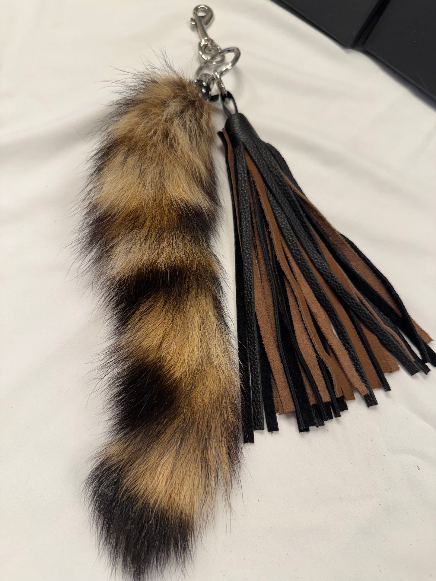 Handmade Two-Tone Leather Tassel with Faux Raccoon Tail Bag Charm
