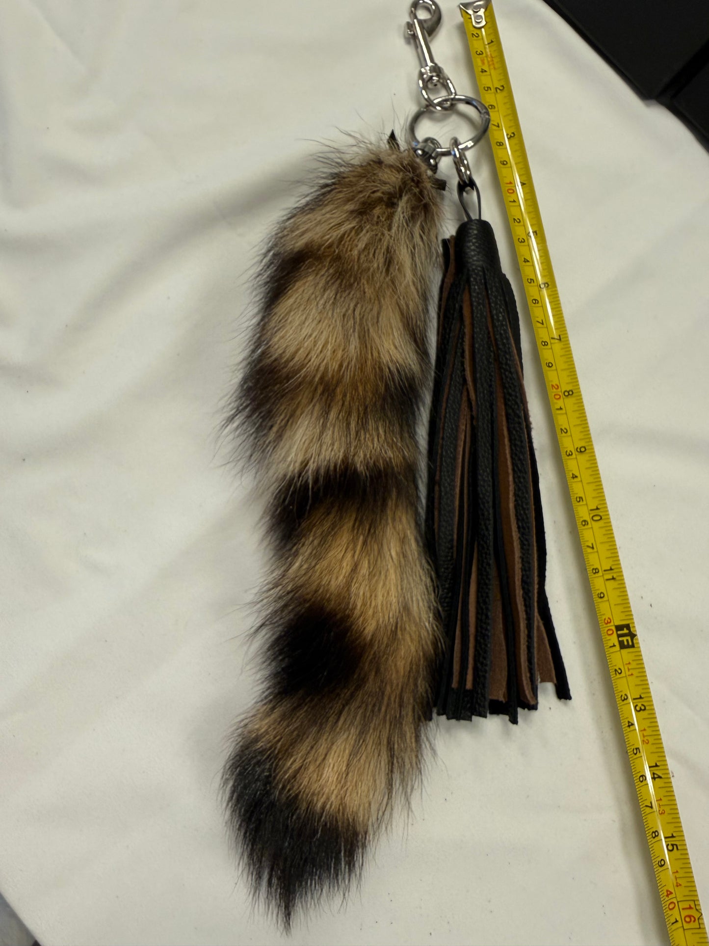 Handmade Two-Tone Leather Tassel with Faux Raccoon Tail Bag Charm