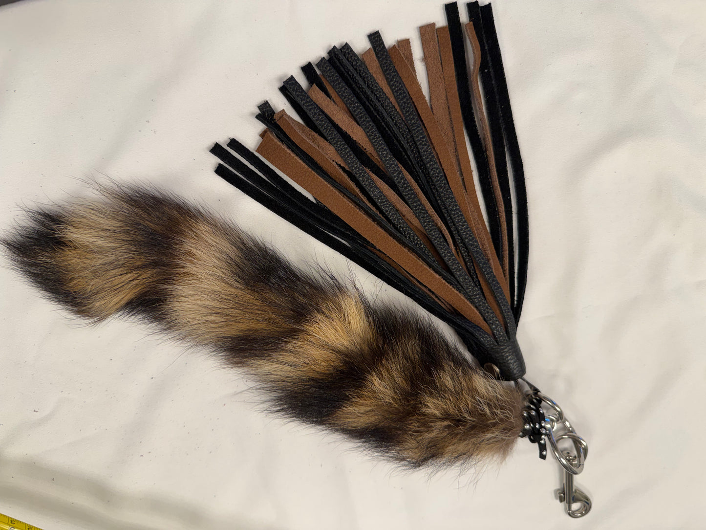 Handmade Two-Tone Leather Tassel with Faux Raccoon Tail Bag Charm