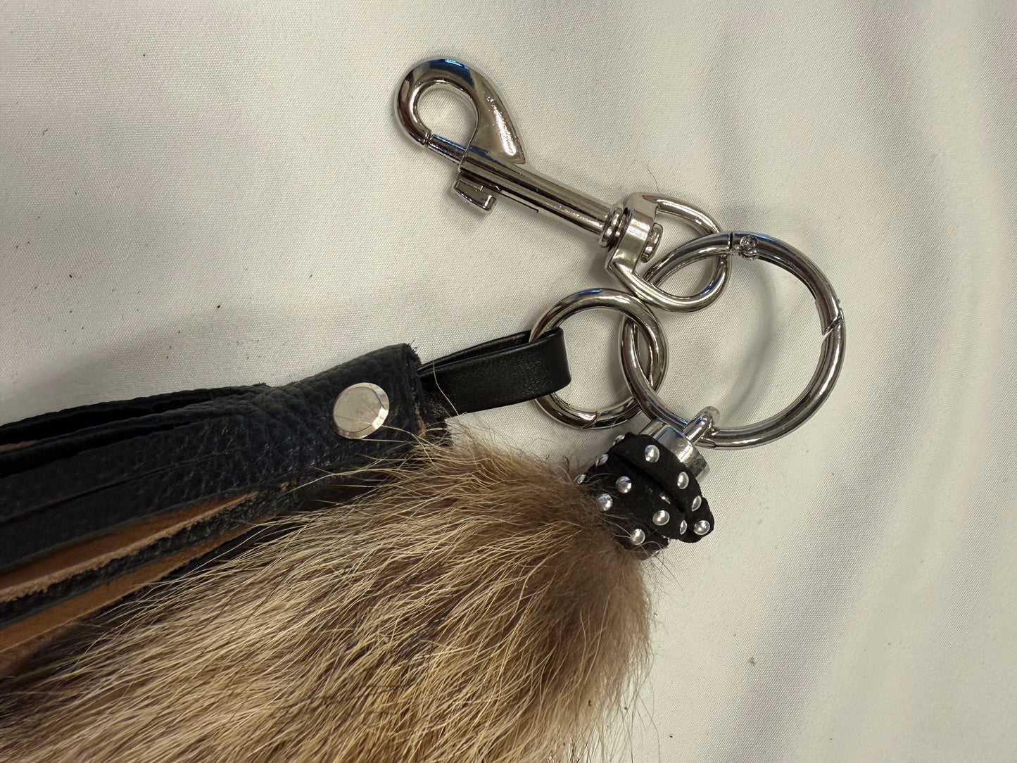 Handmade Two-Tone Leather Tassel with Faux Raccoon Tail Bag Charm