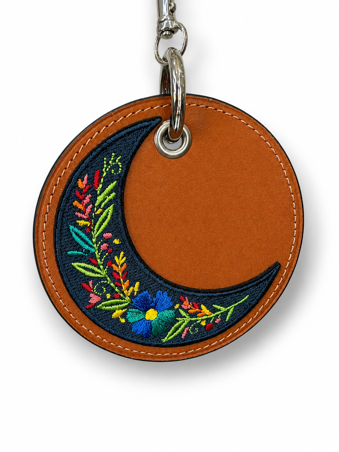 Repurposed Coach Coaster Bag Charm | Orange Leather with Moon Patch