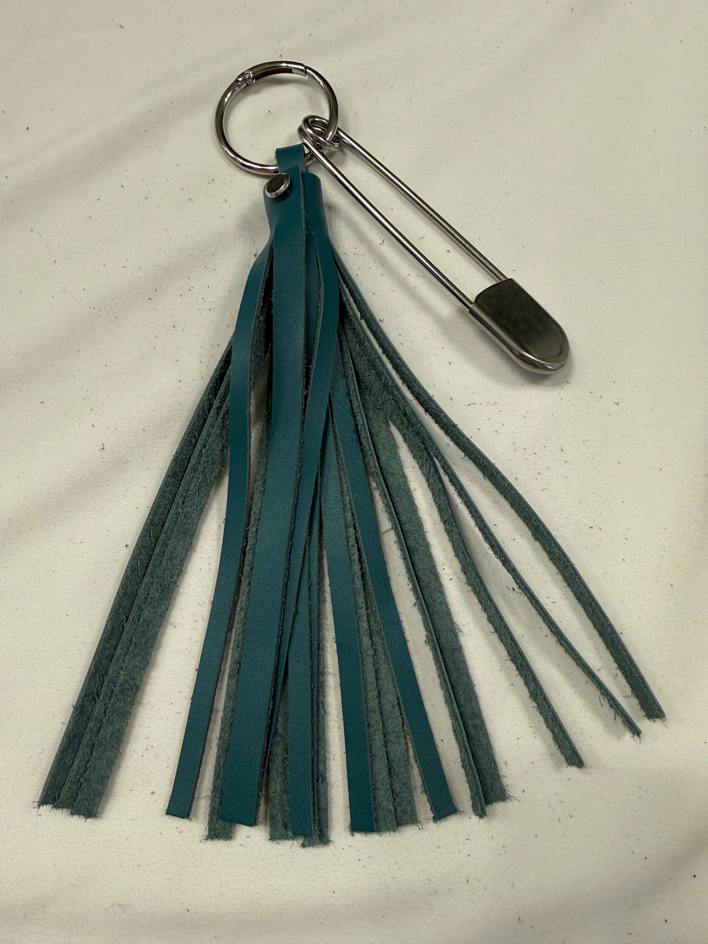 Handcut Leather Teal Tassel with Silver Tone XL Safety Pin