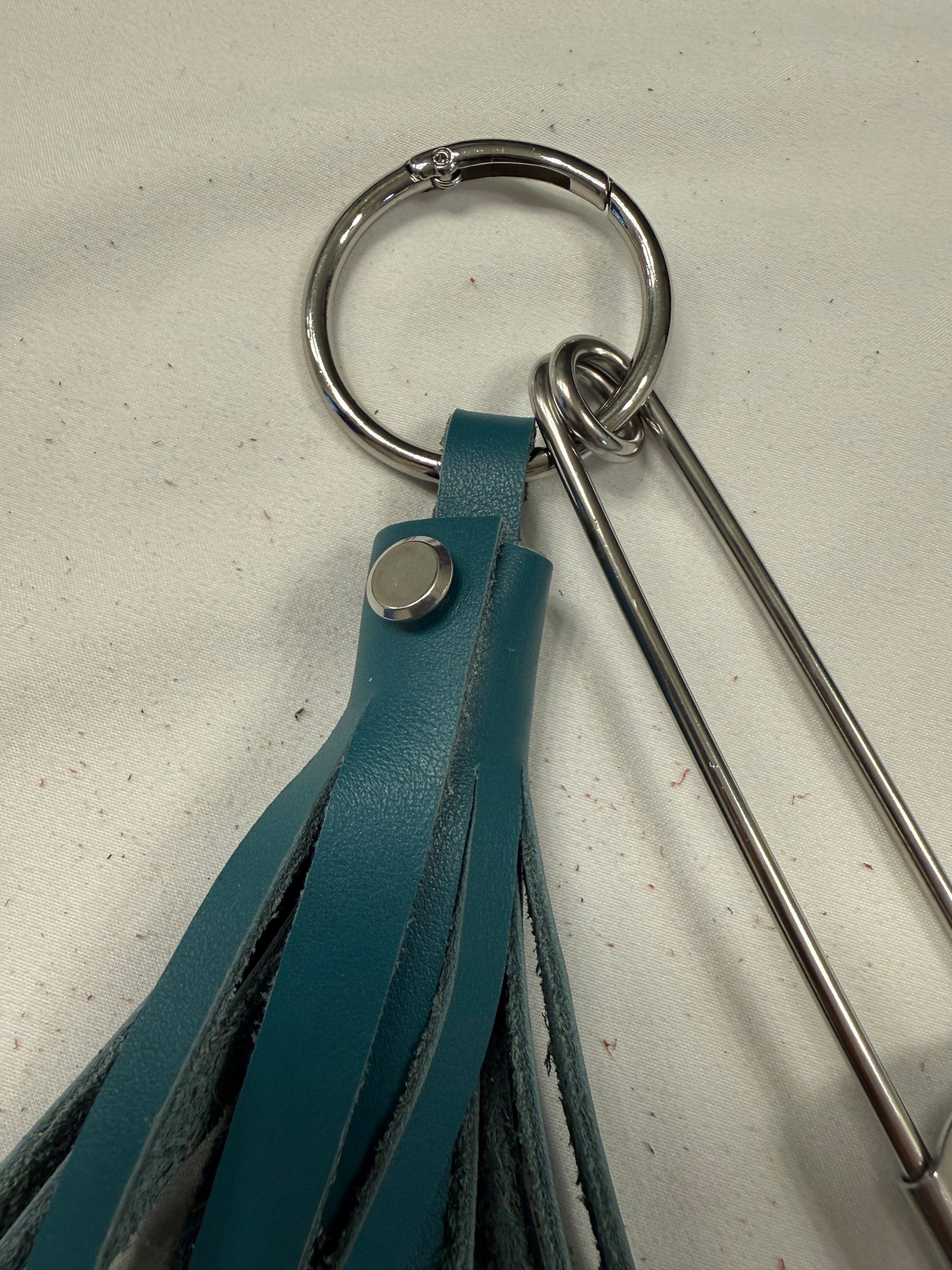 Handcut Leather Teal Tassel with Silver Tone XL Safety Pin